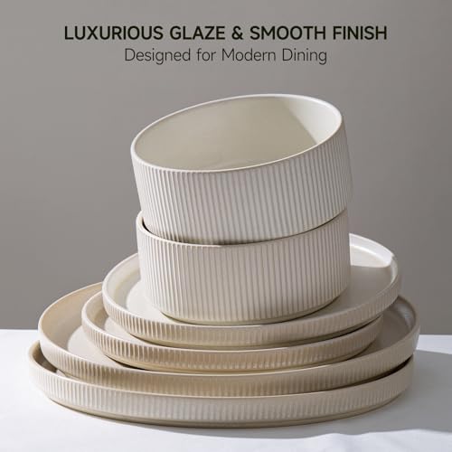 Image of Dinnerware Set Service for 4, 12-Piece Ceramic Plates and Bowls Set, Chip & Scratch Resistant, Microwave and Dishwasher Safe, Modern Minimalist Tableware for Everyday Use, Matte White