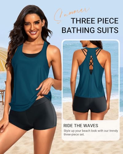 Image of 3 Piece Tankini Long Sleeve Swimsuits Athletic Rash Guard Bathing Suits | Modest,Full Coverage,High Waisted Short,Quick Dry,Criss Cross Back