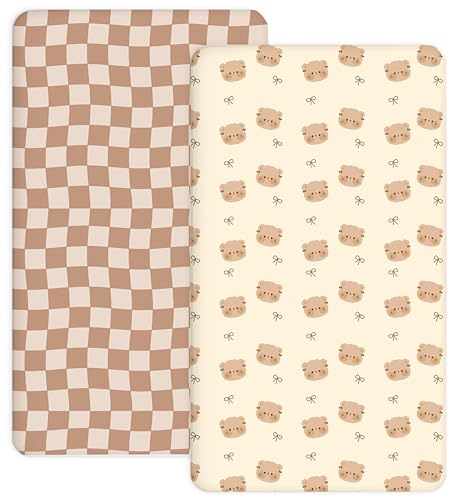 Image of Crib Sheets for Boys and Girls, 2 Pack Fitted Baby Sheets for Standard Toddler Mattress 28" x 52", Soft Breathable Jersey Knit Baby Bedding (Teddy Bow)