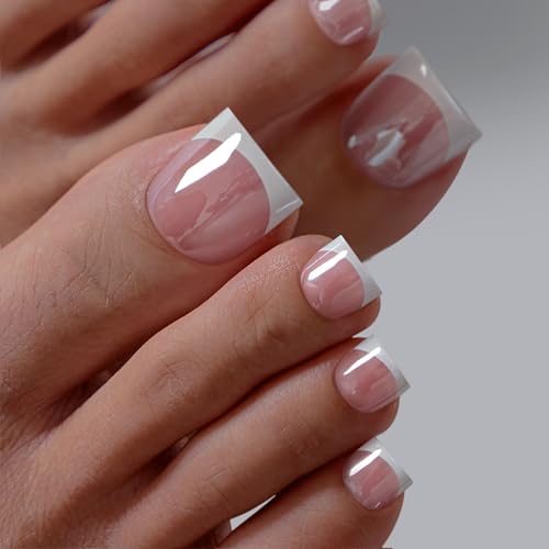 BTArtbox Press On Toenails - Sharp Square Glaze White French Tip Toe Nail Press Ons with Glue for Women, Opaque Fake Toe Nail Tips in 15 Sizes - 30 Toenails Kit, Electrophile