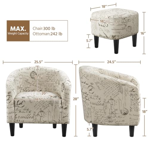 Image of Yaheetech Fabric Accent Chairs with Ottoman, Compact Breathable Barrel Chairs with a Curved Silhouette for Small Spaces, Living Room, Bedroom, Letter Print