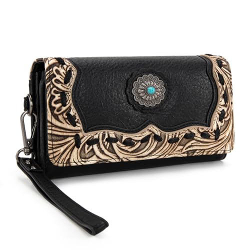 Wristlet Wallets for Women Western Wristlet Purse with Detachable Floral Tooled Concho Collection2
