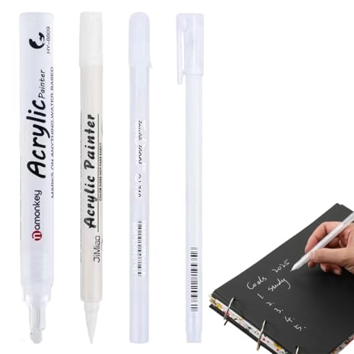 UIEXAY Set De 4 Stylos Opaques Basic Blanc Stylo Encre Gel Gelly Roll Blanc Pour La Décoration, Le Lettering, Le Dessin Et Le Diy (4 Tailles) (Blanc)