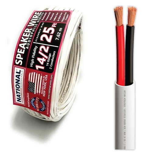 NATIONAL Wire&Cable - 14/2 Audiophile Speaker Wire (25 Feet) 14AWG Gauge - Made in USA - in Wall Audio Speaker Wire Cable/CL Rated/ETL Listed / 2 Conductors - OFC Oxygen-Free Copper, White 25ft