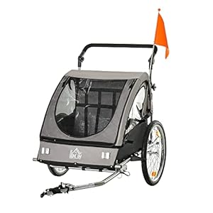 HOMCOM 2 in 1 Kinderanhänger Anhänger 360° Drehbar Fahrradanhänger 2 Kinder Buggy Kinderwagen mit Fünf-Punkt-Sicherheitsgurt Joggerfunktion Metall Oxford Grau+Schwarz 160 x 84 x 106 cm