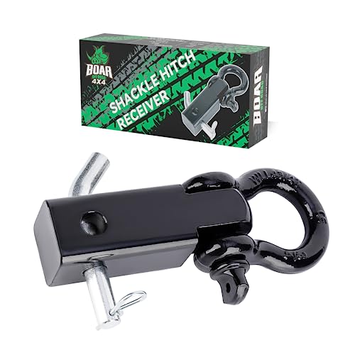 OFF ROAD BOAR Shackle Hitch Receiver 2 inch with 3/4' D Ring (44,000 lbs Break Strength) and 7/8' Screw Pin Safety Ring, Towing Accessories for Jeeps & Trucks, Vehicle Recovery, Black