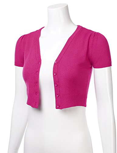 Floria Womens Button Down Short Sleeve Cropped Bolero Cardigan Sweater Magenta S #TOP1