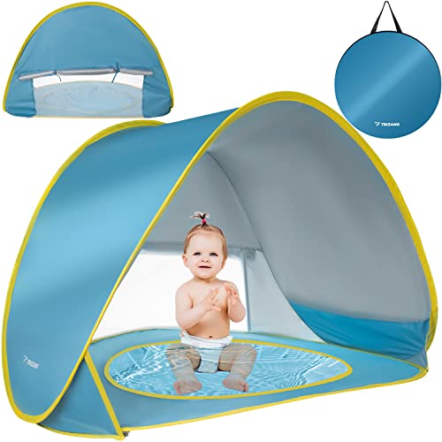 TRIZAND Strandmuschel Pop Up - Blau Sonnenschutz Strand mit Pool - UV Strandmuschel Baby - Babypool mit Sonnenschutz - Baby Planschbecken mit Dach - UV Zelt Baby - Wurfzelt Strand - UV-Schutz 21204