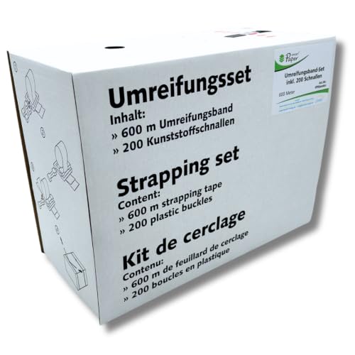 PaperXpert Umreifungs-Set | Umreifungsset | 600 Meter PP-Umreifungsband | inkl. 200 PP-Verschlussklammern | extra starker Halt | Einfache Anwendung | Premium Markenqualität Made in Germany