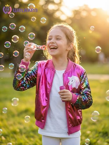 Image of WELAKEN Girls Sequin Sparkle Zip Bomber Jacket | Sequin sleeves, shiny bomber style, ribbed trim, smooth zipper and side pockets for party, dance, school and photos