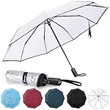 PTEROMY Windproof Compact Travel Umbrellas for Rain and Sun, Withstands 85MPH Winds Auto Open Close Folding Umbrella with Ergonomic Handle (Clear, 1PK)