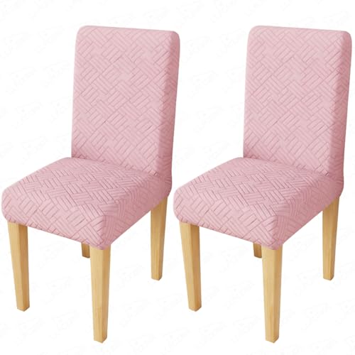 Image of Lukzer Elastic Dining Chair Cover - 2PC Pastel Pink Abstract | Textured High Stretch Jacquard Seat Cover | Removable Washable Short Dining Chair Cover Protector Seat Slipcover | (CC-168-02)