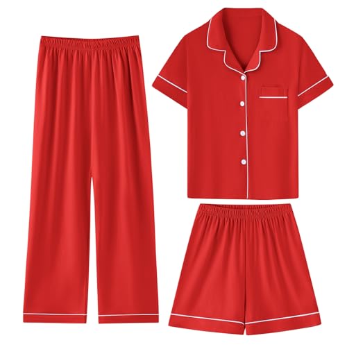 Umeyda Boys Pajamas, 100% Cotton Kids Soft Short Sleeve Sleepwear Button Down Casual 3 Pcs Pjs Set for Ages 4-12