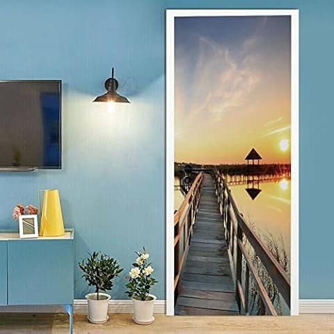 A.Monamour 3D Door Stickers Wooden Bridge Cover