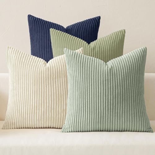 Image of MIULEE Boho Farmhouse Muted Teal Throw Pillow Covers 18x18 Inch Set of 4 Mordern Nordic Cushion Covers Soft Corduroy Spring Home Decor for Couch Bed Sofa Living Room