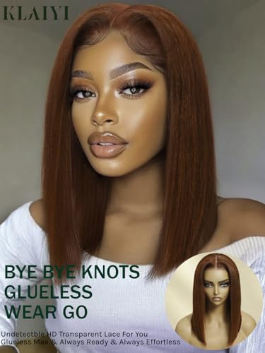 Image of KLAIYI Reddish Brown Yaki Straight Bob Wig Human Hair Glueless Bye Bye Knots Precut 7x5 Lace Front Wig Pre Bleached Pre Plucked with Baby Hair 3S Ready to Wear and Go Wig Beginner Friendly 150% 12Inch