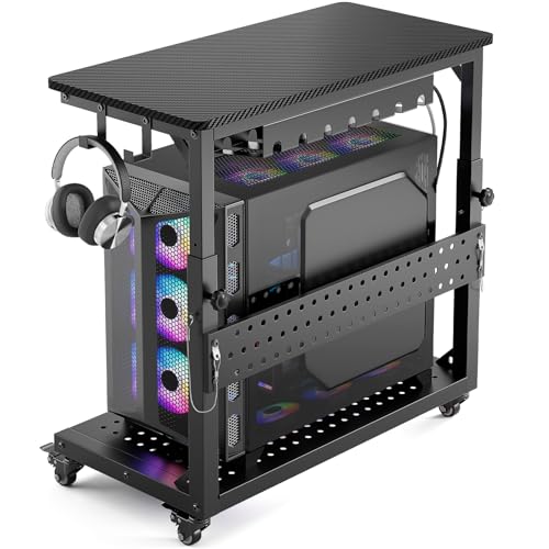 GreenForest Heavy-Duty Computer Tower Stand with Industrial Casters, 5-Level Height Adjustable Rolling PC Cart with Cable Management for Gaming, Full-Tower E-ATX Case Home, Carbon Fiber Black