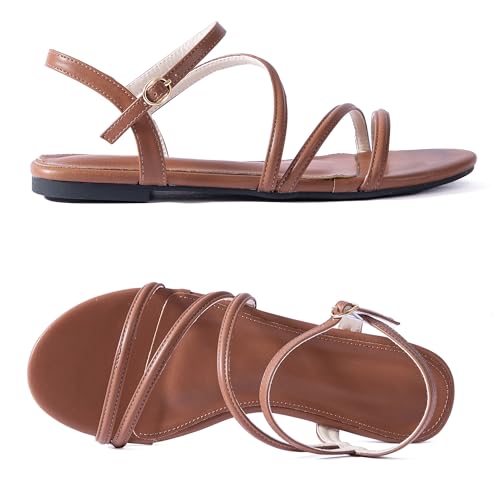 Image of Mtzyoa Women Flat Sandals Dressy Strappy Gladiator Summer Ankle Strap Nude Open Toe Comfortable Wedding Casual Leather Ladies Party Trendy Vacation