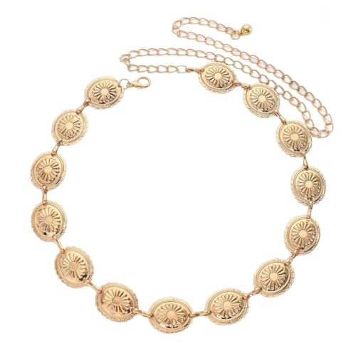 Trsnzul Cinturón Dorado, Cadena de Oro Del Vientre, Señoras Cinturón Mujer de Metal, cinturón de Cadena, con Margarita Patrones, Hebillas Ajustables Adecuado Decoración Vestidos, Vaqueros