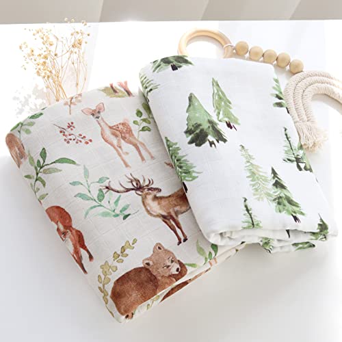 Image of LifeTree Muslin Swaddle Blankets, Woodland Baby Swaddling Wrap Nursery Receiving Blanket for Boys & Girls Unisex, Soft 70% Viscose from Bamboo and 30% Cotton, Large 47 x 47 inches