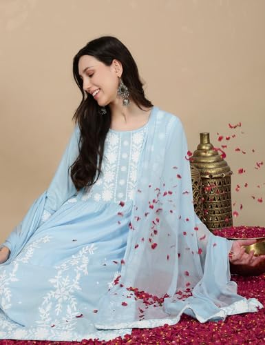 Image of Kaari Women's Chikankari Kurta Set with Dupatta -Fit & Flare Fit | Chiffon Dupatta with Embroidered Band | Straight Pant with Side Pocket | Kurta Set For Women