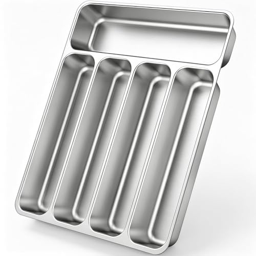 Zarler Stainless Steel Silverware Organizer, Durable Metal Utensil Drawer Organizer with 5 Compartments, Silverware Tray for Drawer, Dishwasher Safe, 13.8 x 11.4 x 1.6, Silver