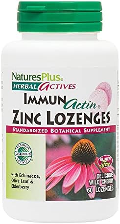 NaturesPlus Herbal Actives ImmunActin Zinc Lozenges - 10 mg Zinc, 60 Vegan Lozenges - Wild Cherry Flavor - Immune Booster with Echinacea & Elderberry - Vegetarian, Gluten-Free - 60 Servings