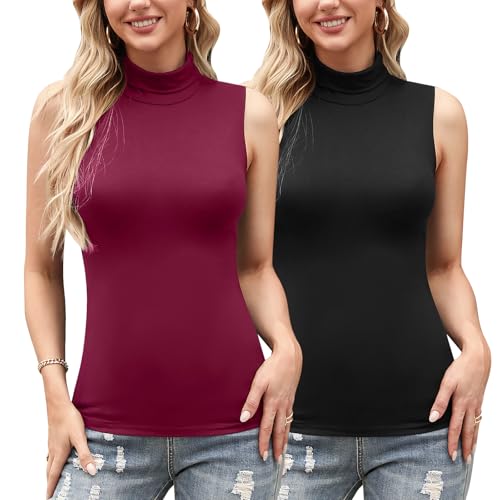 T-shirt femme sans manches à col roulé haut basique ajusté Irevial