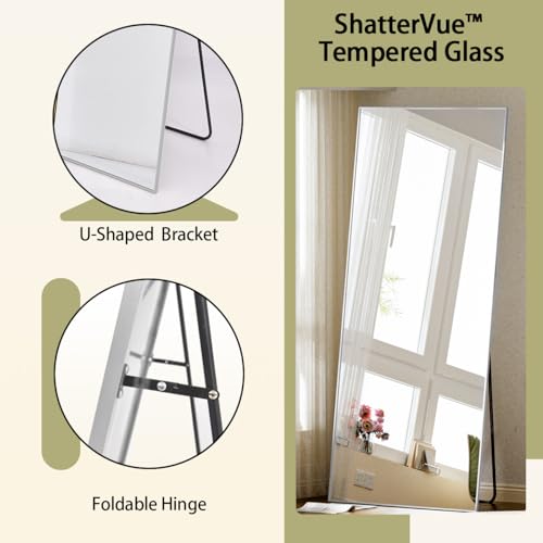 Image of BEAUTYPEAK Full Length Mirror with Stand, 56 inchx21 inch Floor Mirror with Aluminum Alloy Thin Frame, ShatterVue Tempered Full Body Mirrors, Free Standing or Wall-Mounted Mirrors for Living Room, Silver