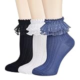 BIVOLU Womens Ankle Socks Lace Ruffle Frilly Cotton Cute Princess Ankle Dress Lace Socks for Girl 3 Pack