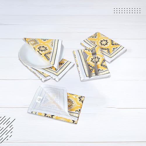 Image of Encasa XO Dining Table Napkins Set of 6 | Yellow-03 Block Printed Cotton Canvas Cloth Napkin - 45x45 cm | Jaipur Sanganeri Hand Print