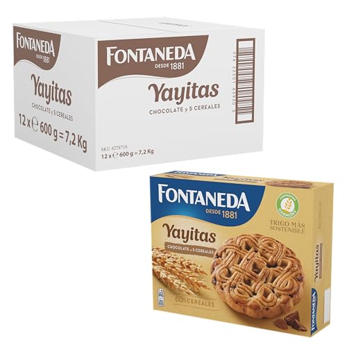 Fontaneda Yayitas Galletas de 5 Cereales con Pepitas de Chocolate, Fuente de Fibra, 12 Cajas de 600 g