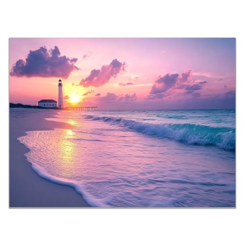 Tableau phare côtier marine rose abstrait 70x100cm pour salon