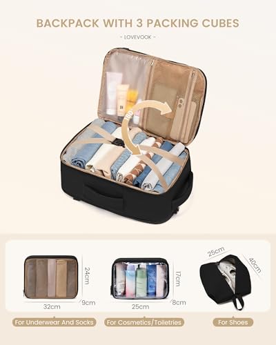 LOVEVOOK Handgepäck Rucksack Flugzeug, 40L Groß Reiserucksack Herren Damen Laptop Rucksack 17 Zoll, Wasserdicht Travel Backpack Carry On Luggage, Business Cabin Bag für Reise Arbeit Urlaub, Schwarz