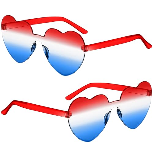 2 Pairs Heart Sunglasses for Women Men Patriotic Rimless heart Shaped Sunglasses USA Red White Blue Accessories for Memorial Day 4th of July Beach Pool Birthday Party Favor (Red White Blue-Heart)