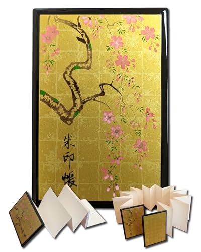 【日本製】蒔絵 御朱印帳 16cm x 11cm x 1.7cm 48ページ|紀州漆器 ハードカバー ご朱印帳 朱印帳 和紙 高級 おしゃれ 職人の手作り (しだれ桜 黒)