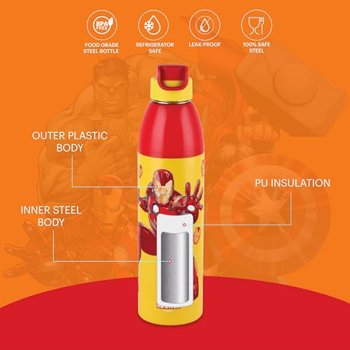 Image of CELLO Kidzbee Uranus 900 Insulated Kids Water Bottle 680 ml, Yellow | 3D Touch & Feel Iron Man Design Easy One Hand Grip Lightweight Leakproof Easy Sip Flip Cap Insulated Water Bottle For School Kids