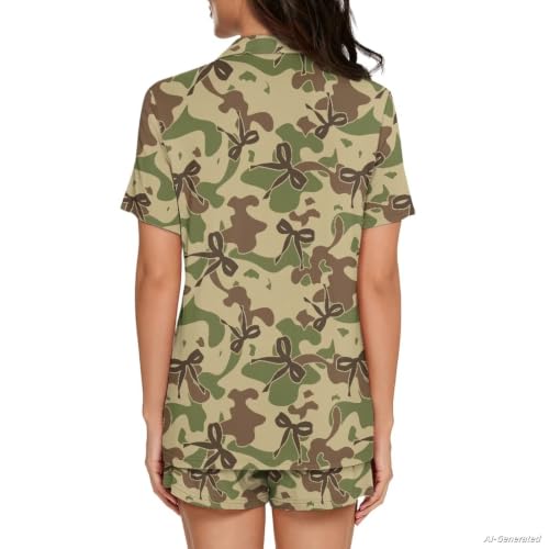 Image of Renewold Button Down Womens Pajama Set Short Sleeve Loungewear Bow Nightwear Sleepwear Night Suit Tops Shorts 2 Pieces