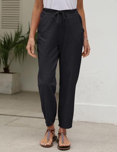 Gihuo Women's Tapered Linen Pants Casual Straight Leg Drawstring Elastic Waist Loose Comfy Joggers Trousers with Pockets3