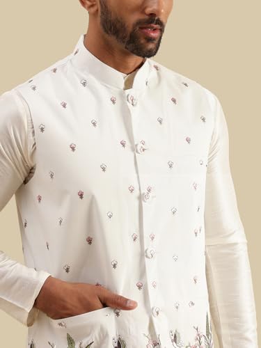 Image of SOJANYA Men's Silk Blend Cream Kurta and Pyjama With Daman Embroidered Nehru Jacket