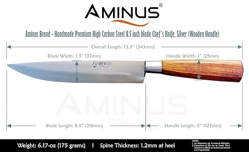 Image of AMINUS Brand - Handmade Premium High Carbon Steel 8.5 inch Blade Chef's Knife, Silver (Wooden Handle)