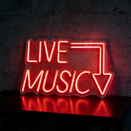 Live Music Neon Sign Red LED Light Up Sign USB Powered Dimmable Neon Light Bar Pub Music Studio Livehouse Venue Wall Decor Art Music Festival Zone Guide Signs 13.2 x 8.7 inch