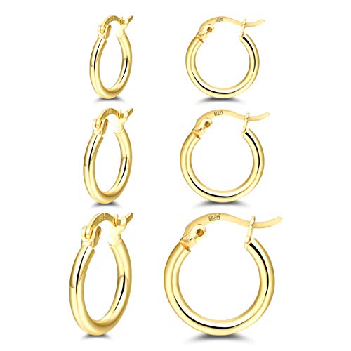 Small Sterling Silver Hoops Earrings - 14K Gold Plated Silver Hoop Earrings Set for Women Girl Gift (3 Pair)