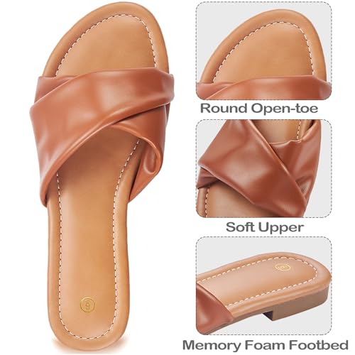Image of Women's Flat Sandals Round Open Toe Comfortable Fashion Cute Ladies Slides Sandals Women Dressy Summer Flat Leather Casual Fashion Beach Shoes Size 6-11