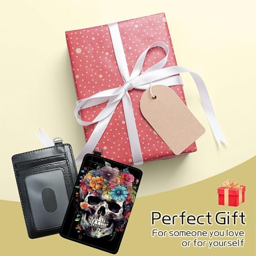 Image of Small Travel Wallets, Sugar Skull Flowers Slim Minimalist Front Pocket Wallet with Wristlet, RFID Blocking PU Leather Credit Card Holder with ID Window Change Purse for Men Women