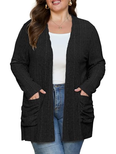 OLRIK Plus Size Cardigan for Women Lightweight Soft Knit Stretchy Open Front Long Sleeve Sweater with Pocket Fall Outfits