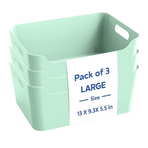 Image of KOLORR Jolly Plastic Large Baskets with Handle for Storage Box| Multipurpose Light Weight Plastic Baskets organiser for Clothes Toys Stationary Cosmetics Livingroom Bathroom | Pack of 3 - Mint
