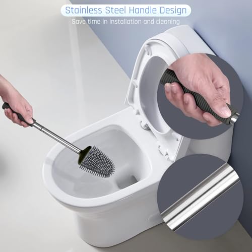 Image of Sellemer Silicone Toilet Brush, Ventilation Slots Base Holder 3 Pack, Black | Flexible Bristles Flat Head for Rim, Hair Tangle-Free, Easy to Clean, Compact Design, Rustproof Handle, for Toilet /Sink /Tub