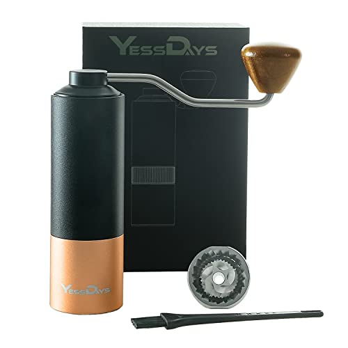 YESSDAYS Manual Coffee Grinder - Premium Stainless Steel Manual Coffee Burr with Grind Settings, Aluminum Body, Ergonomic Wood Knob Handle, Hand Grinder Coffee Gift For Office, Travelling, Camping YESSDAYS Manual Coffee Grinder - Premium Stainless Steel Manual Coffee Burr with Grind Settings, Aluminum Body, Ergonomic Wood Knob Handle, Hand Grinder Coffee Gift For Office, Travelling, Camping