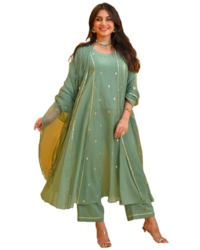 Image of GoSriKi Women's Rayon Viscose Embellished Anarkali Kurta with Pant & Dupatta